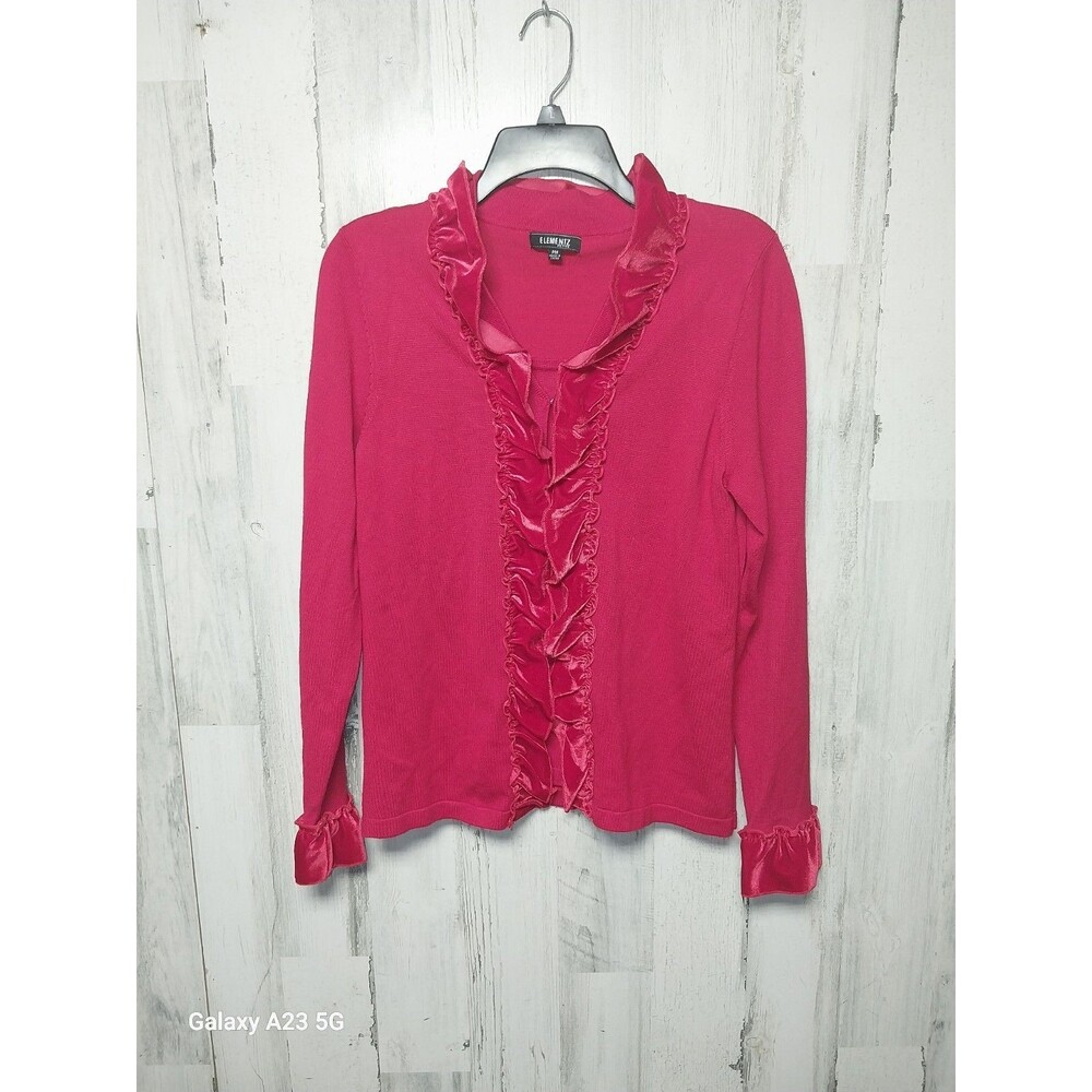 Elementz Women's Petite Medium Red Ruffle Front Cardigan With Attached Cami